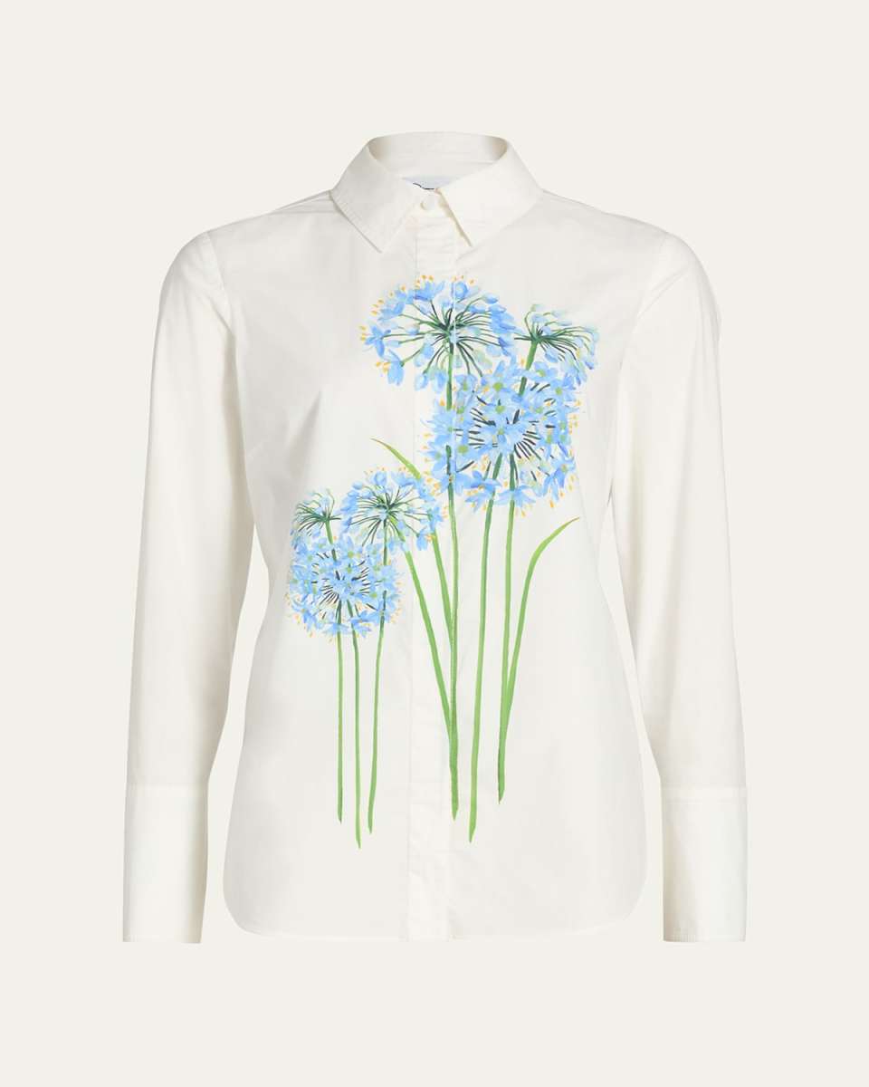 Allium-Print Cotton Stretch Button-Down Shirt